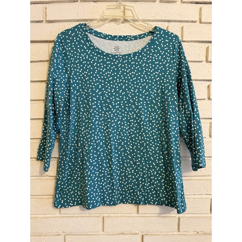 Isaac Mizrahi Live! Printed Pima Top with 3/4 Sleeves and Scoop Neck Green Sz Md